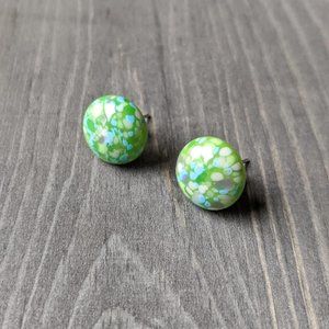 Stud Earrings with Vintage Green & Blue Millefiori Glass Cabochons